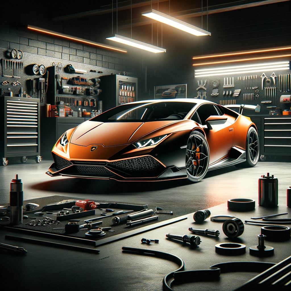 DALL·E 2023-12-15 16.22.06 - A sleek automotive scene featuring a Lamborghini Huracan in a professional garage, emphasizing a color scheme of orange, black, and white. The superca