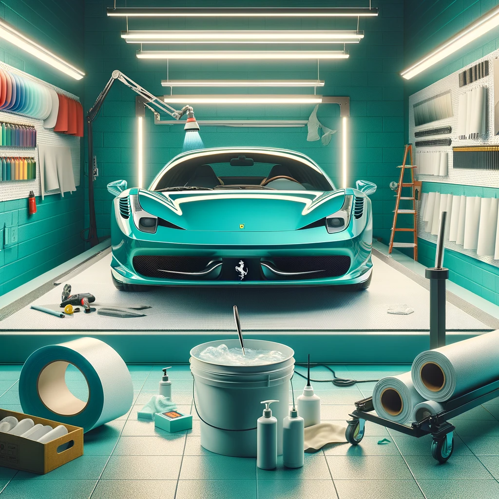 DALL·E 2023-12-15 16.26.18 - An upscale automotive scene in a high-end Auto Spa, featuring a Ferrari 458 undergoing detailing. The color theme is turquoise, with a white floor, en