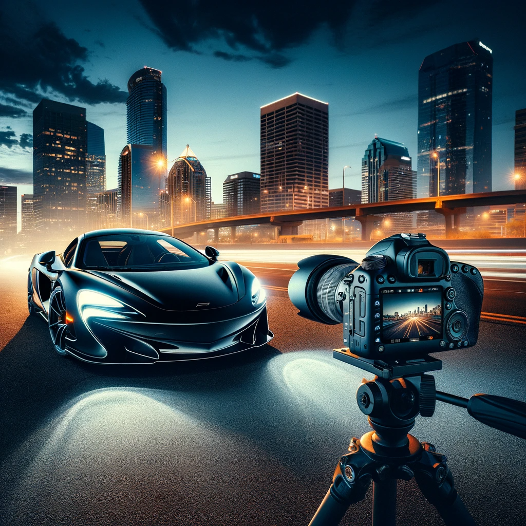 DALL·E 2023-12-15 16.30.56 - An artistic photography scene showcasing a camera in the process of photographing a black McLaren, with the iconic skyline of Phoenix city as the back
